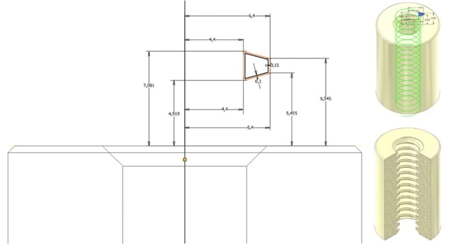 Boceto de una rosca trapezoidal optimizada para la impresión por SLS